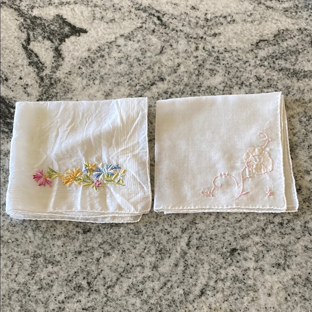 Vintage Embroidered White Cotton Handkerchiefs - Set of 2! - Picture 1 of 5